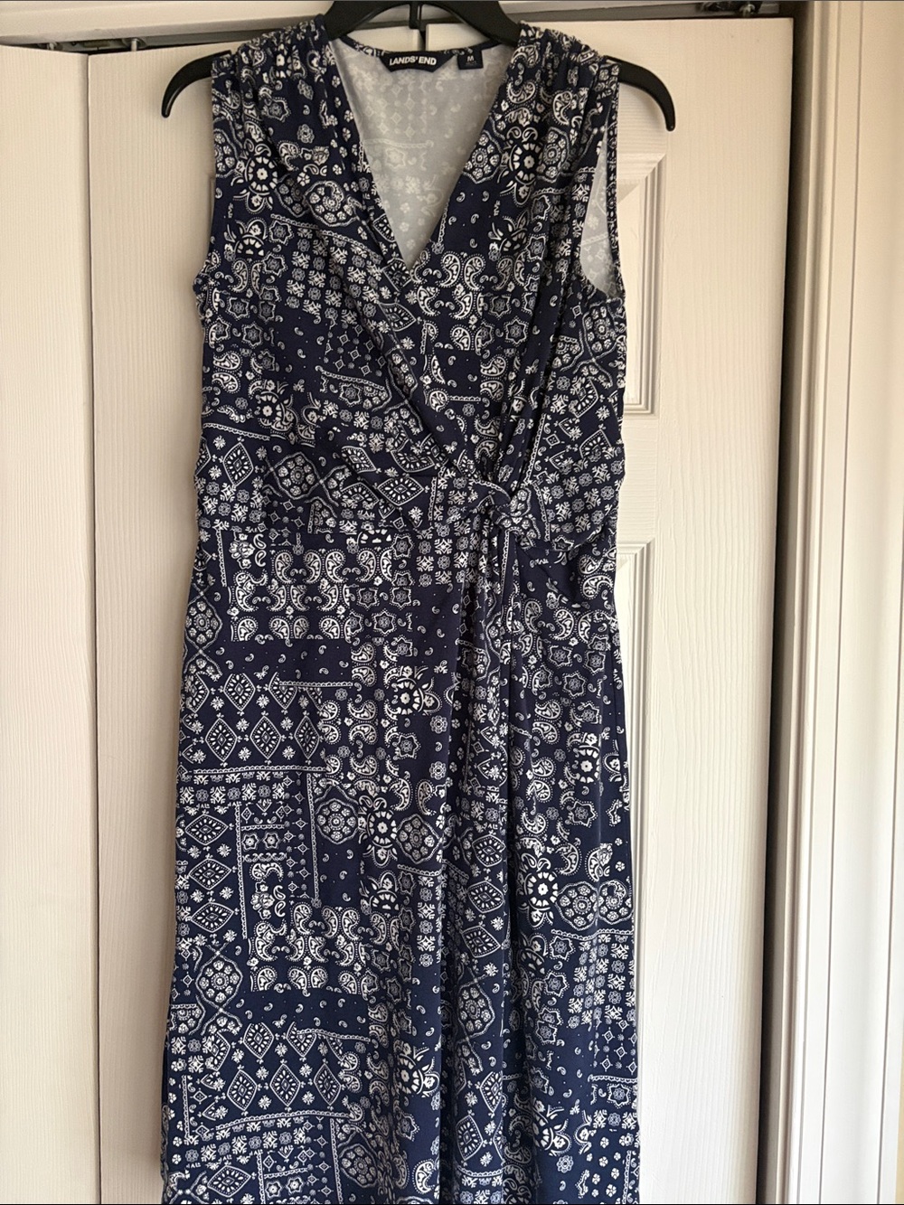 Lands' End Navy and White Bandana-Print Wrap Midi Dress